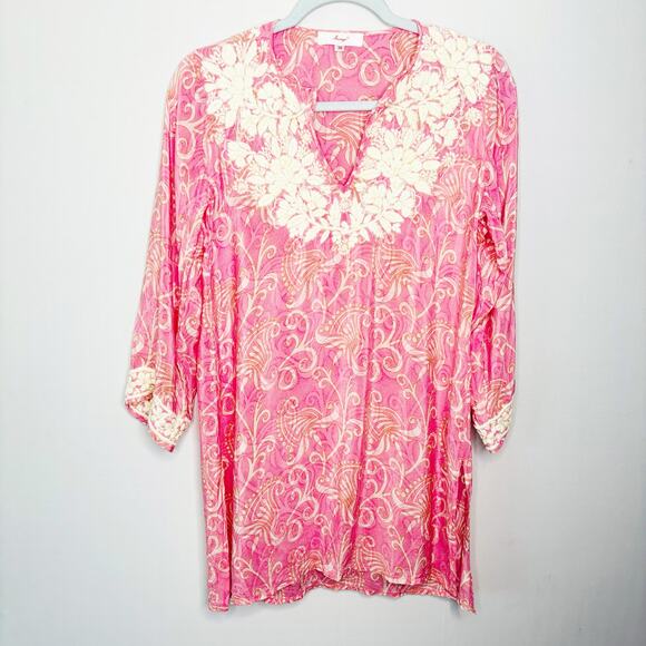 Amaya Pink Silk Tunic Size 38/M Floral Embroidered Neckline Cuffs Scroll - Picture 12 of 12